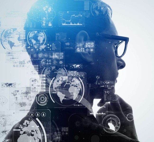 AI (Artificial Intelligence) concept. Communication network. GUI (Graphical User Interface).